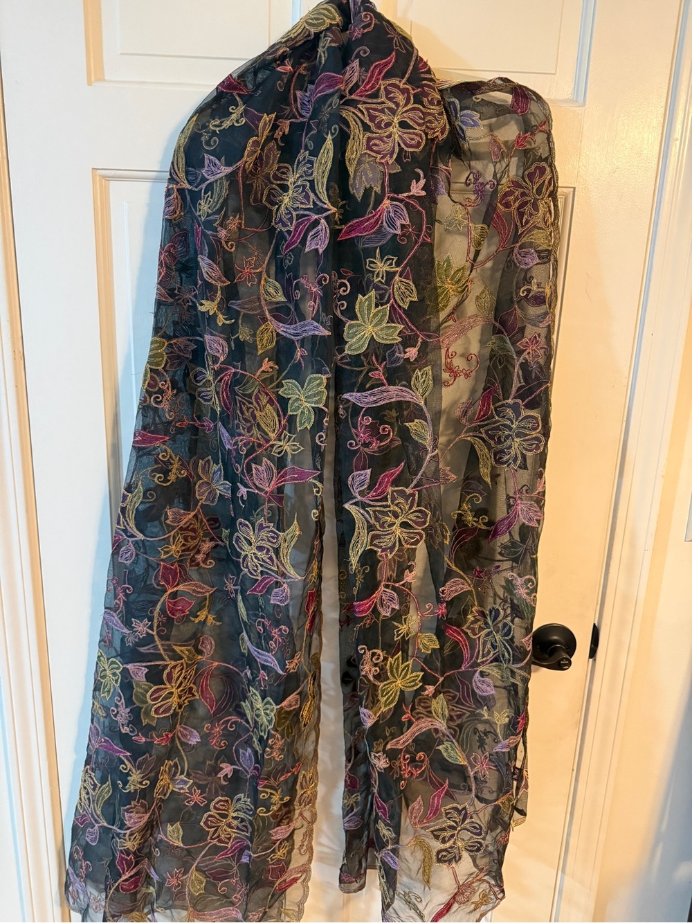 Embroidered Floral Sheer Scarf Wrap - Black with Multicolor Embroidery